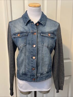 Ci Sono Blue Denim Jacket with Gray Knit Sleeves